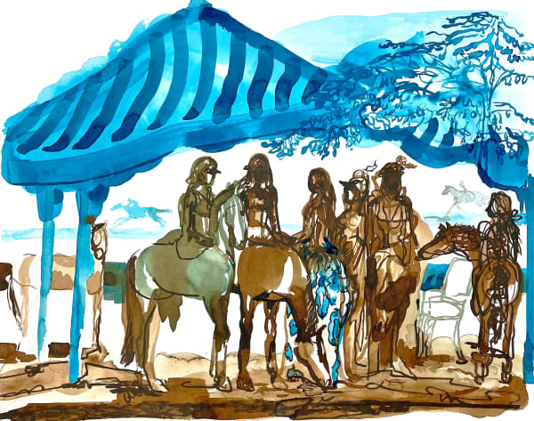 Blue group under a tent