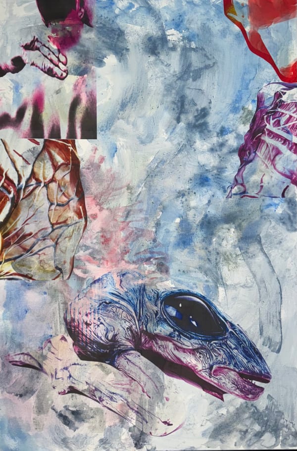 Talal Al Najjar Amphibious Back Rub, 2025 Acrylic, polymer, vinyl on canvas 90 x 61 cm