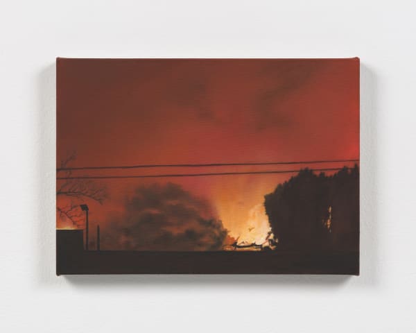 Dana Powell's painting of a fiery dark orange sky filled with smoke, a silhouette of power lines and trees, hung on a white wall