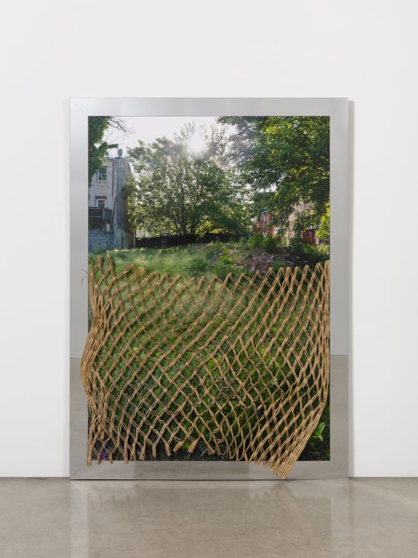 Karyn Olivier's For Sale (1510 N. American Street), mixed media artwork with reflective frame, photographic print of yard, and cardboard net