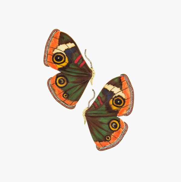 Silvia Furmanovich, Sculptural botanical marquetry green butterfly earrings