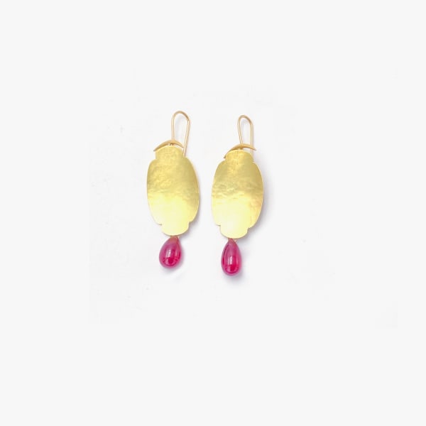 Gabriella Kiss, Hammered scallop earrings with ruby drops