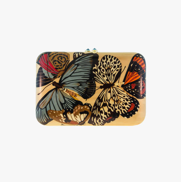 Silvia Furmanovich, Marquetry butterfly clutch with blue topaz clasp