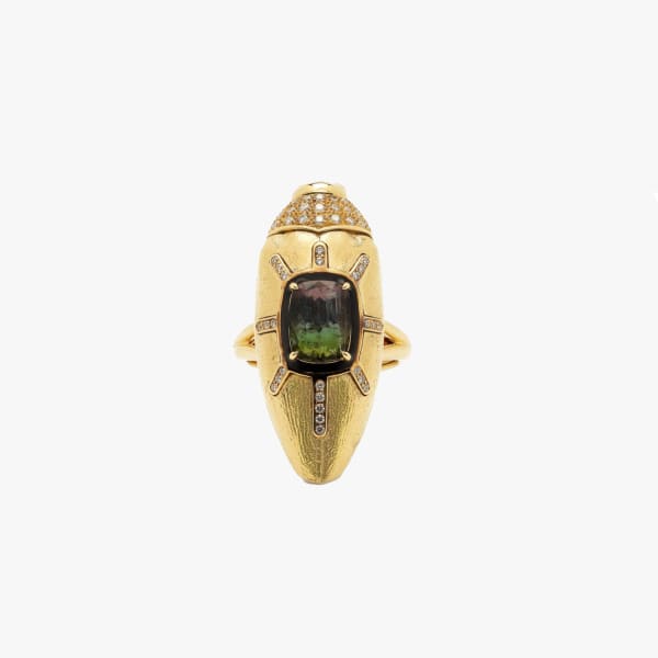 Bibi Van Der Velden, Scarab gold brushed ring with watermelon tourmaline