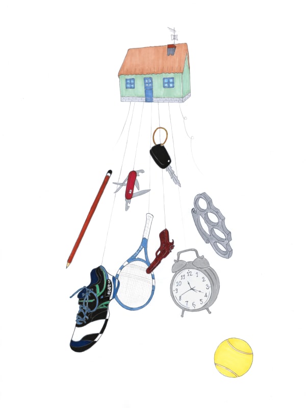 Édition de Jeanne Susplugas, nommé FLYING HOUSE, représentant le dessin d'une maison verte retenue par des fils qui la relie à des objets personnels : basket, réveil, clé, crayon, balle