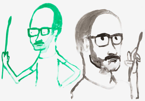 Sérigraphie originale d el'artiste Jonathan Monk représentant deux portraits d'artistes, en vert et en noir