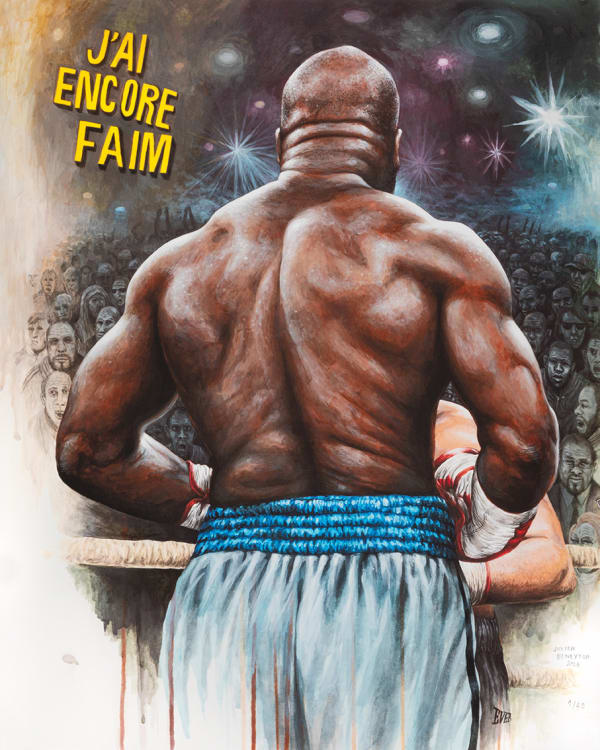 Estampe orignale de l'artiste Julien Beneyton représentant un boxeur de dos avec le texte "J'ai encore faim"