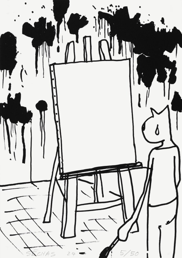 Sérigraphie originale de l'artiste Alain Séchas représentant un personnage chat de dos, devant une toile de peintre vierge et des tâches de peinture tout autour