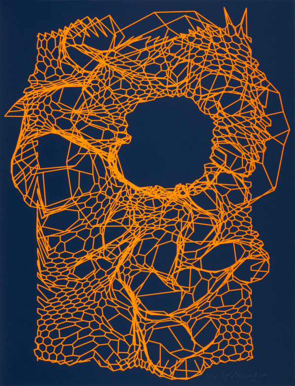 Sérigraphie originale bleue et orange fluo de l'artiste numérique Miguel Chevalier, éditée par l'atelier TCHIKEBE à Marseille