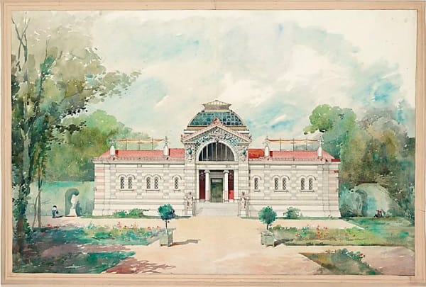 Jules-Germain Olivier Un Edifice de Bains: Elévation principale avec environnement de ciel, jardins et arbres, c. 1890 “Olivier Germain, eleve de monsieur Raulin” watercolor on paper 33 3/4 x 46 3/4 inches