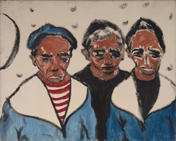Mark Heming Three Sailors, 1952 signed and dated lower right: Heming 1/6/52, titled on stretcher oil and sand on linen 24 x 30 inches
