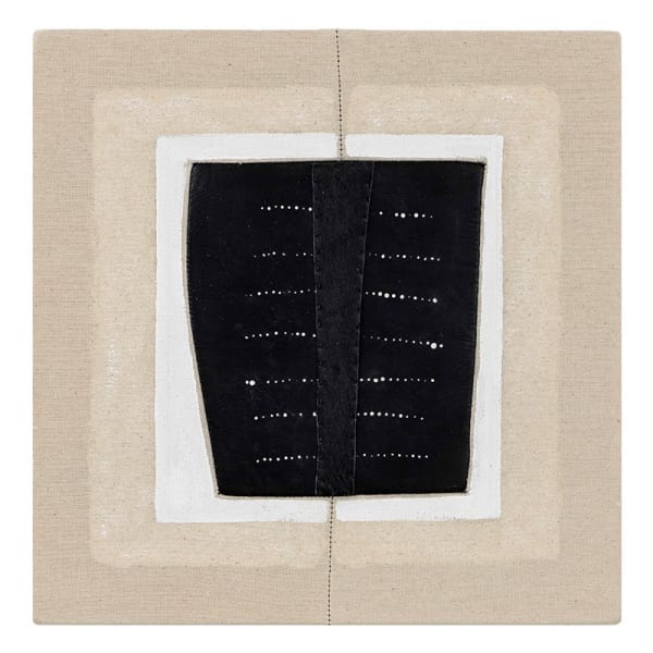 Claire Watson Not Exactly, 2023 remnant of leather coat sleeve, thread, canvas, gesso 13 x 13 inches