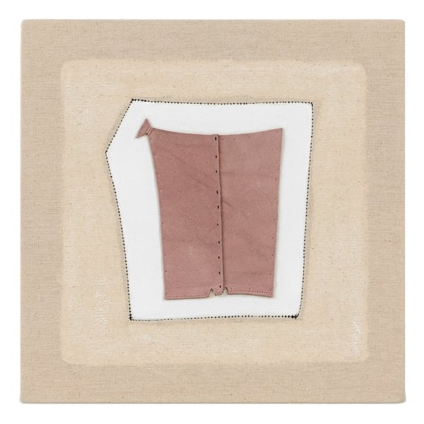 Claire Watson That Something Extra, 2023 remnant of leather garment, thread, canvas, gesso 13 x 13 inches