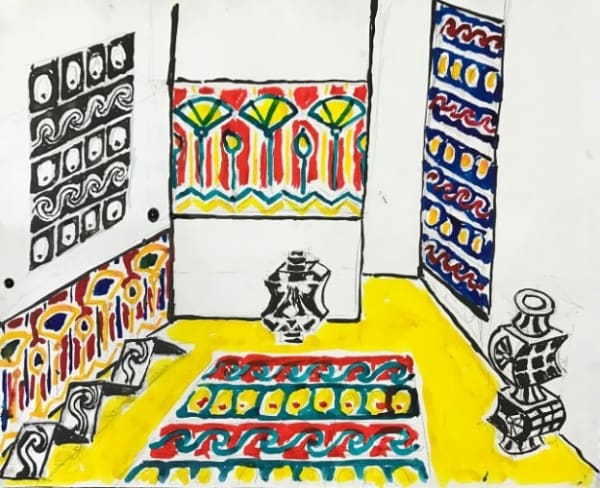 Elisabeth Kley FW installation with Yellow Floor, 2020 pencil, ink and watercolor on paper 14 x 17 inches