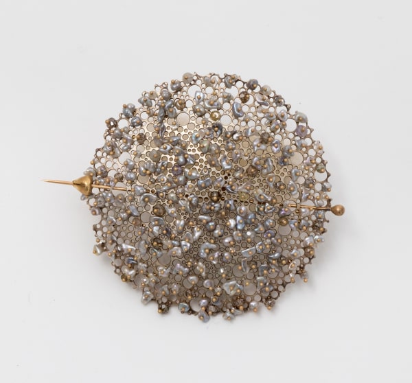 Ted Muehling Queen Anne's Lace Pin, 2025 14 k white gold, keshi pearls, clear & brown rondelle diamonds, 14 k yellow gold pin 2 3/4 x 2 3/4 inches