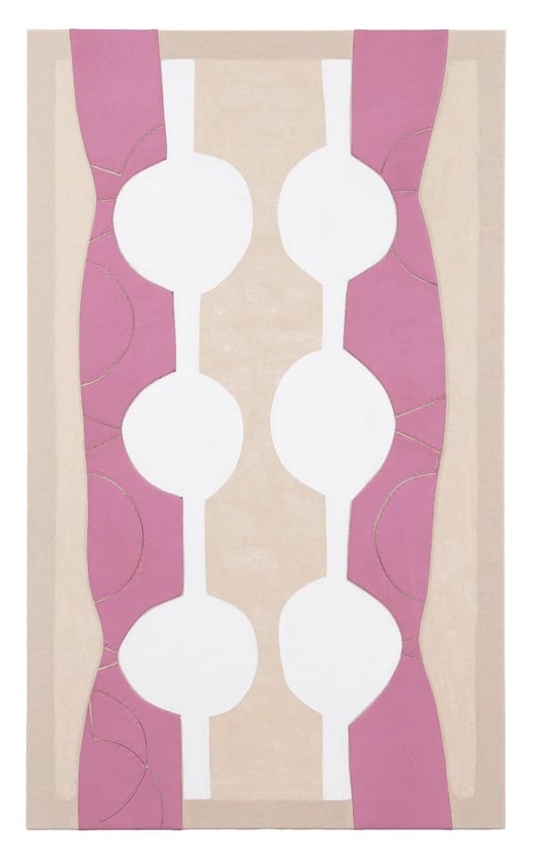 Claire Watson Pearlybones, 2023 pattern parts of leather dress, thread, canvas, gesso 60 x 36 inches