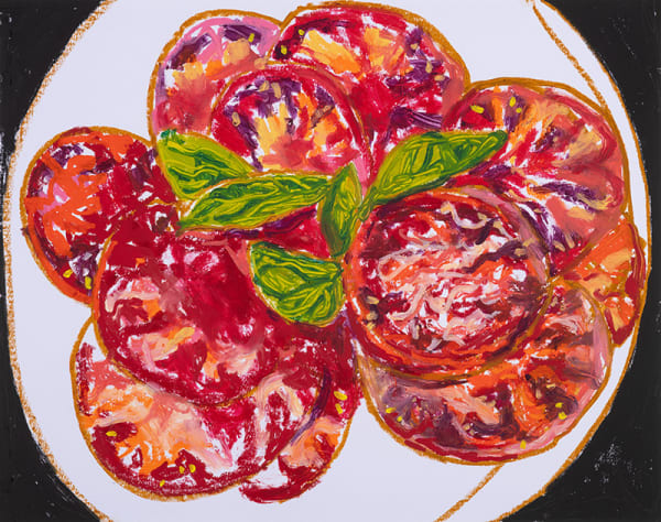 Jack Ceglic Untitled (Tomatoes, Basil), 2023 signed, dated and titled verso oil stick on paper 19 x 24 inches