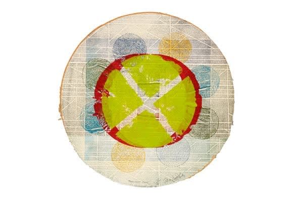 Alan Shields Tombstone Plate, 1978 signed, dated, titled and numbered lower center: Tombstone Plate 11/21 Alan Shields 1978 serigraph and relief print on triple couched Upper U.S. Paper Mill handmade paper 21 inches diameter Edition of 21