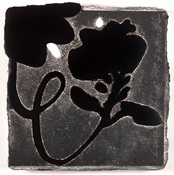 Donald Sultan Lantern Flowers Sept 7 2010 titled, dated and signed (surname) verso enamel, tar and spackle on tile over wood 12 x 12 inches