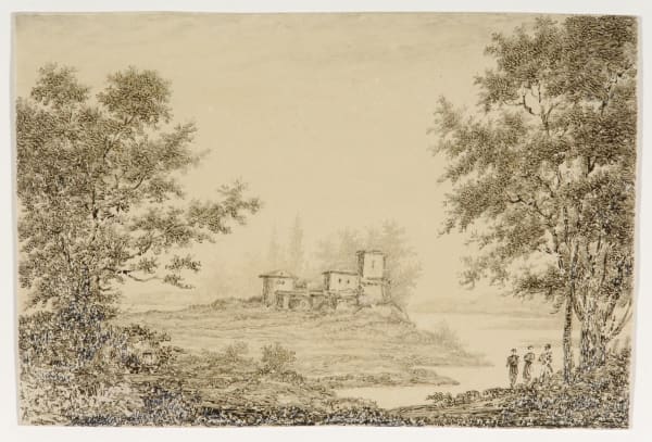 French School Landscape, c. 1800 ink and wash on burnished paper 2 7/8 x 4 1/4 inches 12 1/2 x 12 1/2 inches framed