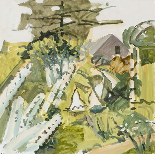 Lois Dodd, White Delphiniums and Barn, 1994