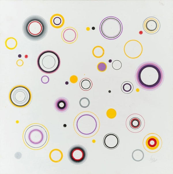 Antonio Asis Cercles polychromes dans l'espace (3040), 1968 signed and dated lower right acrylic on Masonite 17 3/4 x 17 3/4 inches 20 1/4 x 20 1/4 inches framed