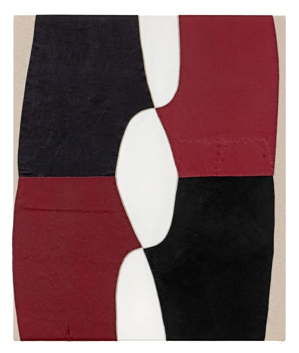 Claire Watson And So On, 2022 pattern parts of leather pants, thread, canvas, gesso 24 x 20 inches