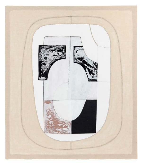 Claire Watson Outside Inside, 2023 altered pattern parts of leather pants, thread, canvas, gesso 42 x 36 inches