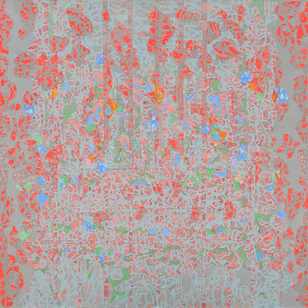 Hector Leonardi Red Rising, 2019 signed, titled, dated verso acrylic on canvas 36 x 36 inches