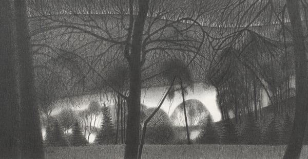 Bet Low ARSA RSW Frozen Loch, Near Bridge of Weir I, 1986 signed; inscribed verso 'Bet Low/August 1986/(from snow sketches, March 86); signed and titled by artist on frame verso charcoal 6 ½ x 11 ¾ inches