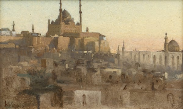 William Heath Wilson A view of Cairo looking towards the Citadel Mosque of Mohammed Ali signed oil on card 5 x 7 ¾ inches