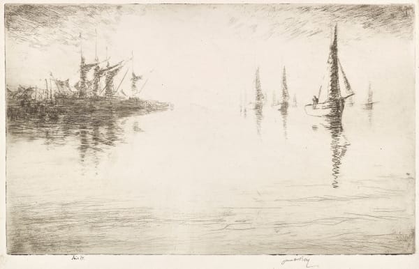 James McBey The Ebb Tide, 1922 signed and inscribed 'Trial IV' in pen to margin; signed twice by Martin Hardie in pencil to sheet etching 4th trial proof (of 12) preceding the published edition of 76 proofs 8 ½ x 13 ¾ inches