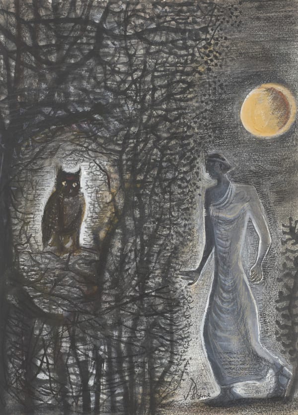John Byrne RSA Owl & Siren signed mixed media on paper 14 x 10 inches