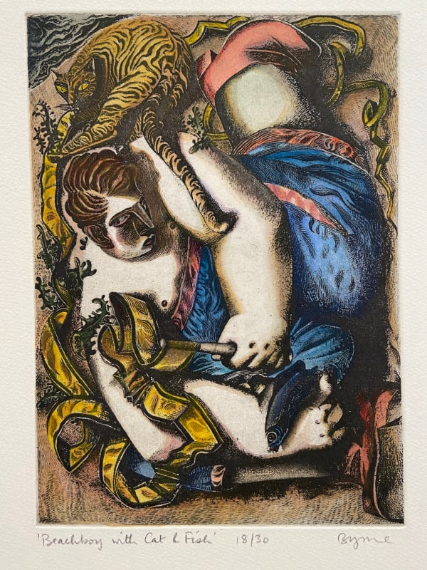 John Byrne RSA, Beach Boy with Cat and Fish, 1998