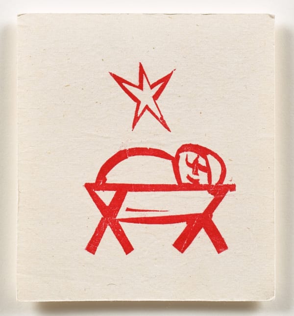 Willie Rodger RSA Christmas card inscribed inside 'Seasonal greetings from Anne and Willie. Looking forward to seeing you both in January.' woodcut 4 x 3 ½ inches