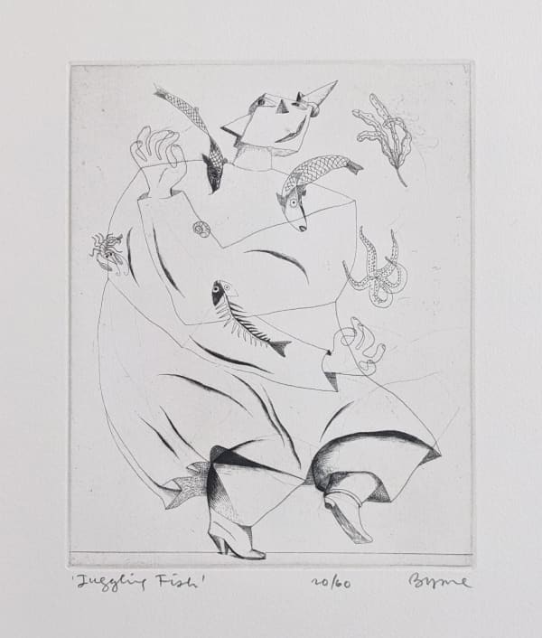 John Byrne RSA Juggling Fish, 1998 signed, titled and numbered 20/60 in pencil to margin etching edition of 60 9 ¾ x 7 ¾ inches