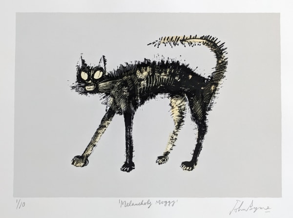 John Byrne RSA Melancholy Moggy, 2020 signed, titled and numbered 1/10 in pencil to margin hand-coloured screenprint edition of 10 14 ¼ x 20 ½ inches
