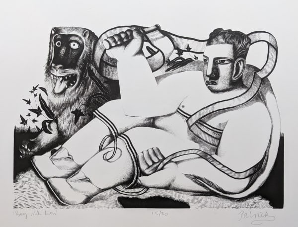 John Byrne RSA Boy with Lion, 1994 signed 'Patrick', titled and numbered 15/30 in pencil to margin lithograph edition of 30 21 x 30 ¼ inches