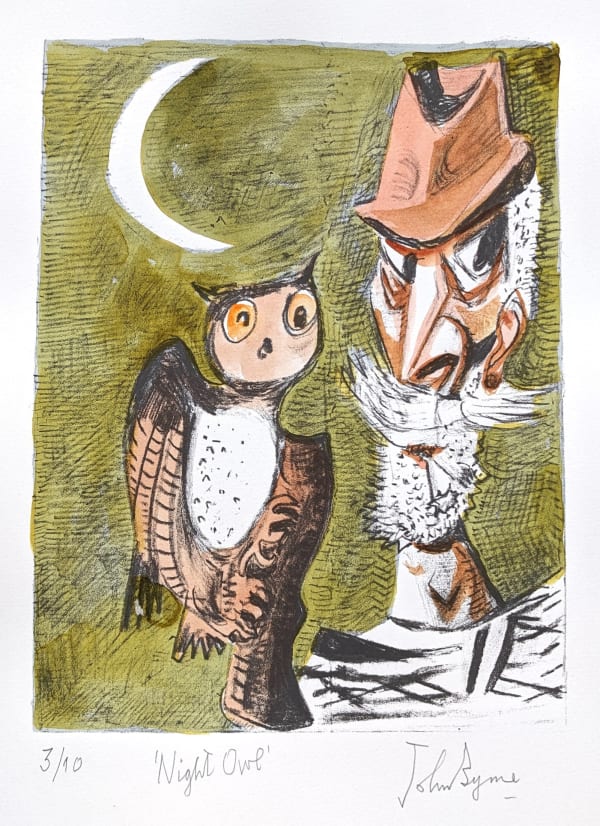 John Byrne RSA Night Owl, 2020 signed, titled and numbered 3/10 in pencil to margin hand-coloured screenprint edition of 10 13 x 10 inches