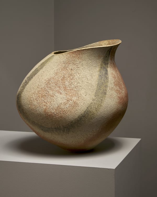 Betty Blandino Coiled vase impressed with artist's mark to side stoneware with rust and olive striped washes 14 ¼ x 16 x 12 inches 36.2 x 40.6 x 30.5 cm