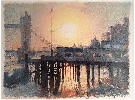 Alex Rennie, Sun over Tower Bridge wharf, 2024