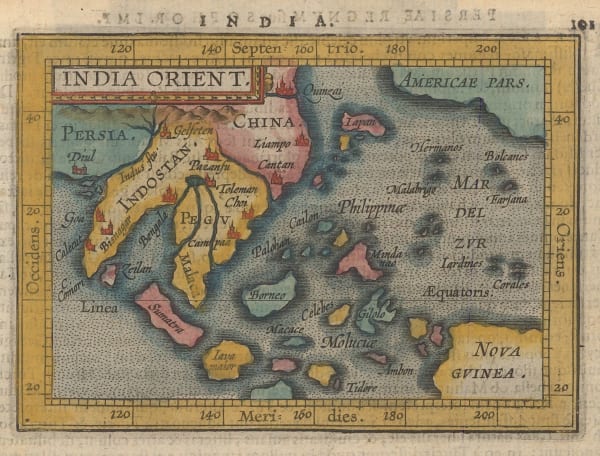 Abraham Ortelius, Miniature map of Southeast Asia, 1601