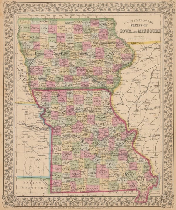 Samuel Augustus Mitchell, County Map of the States of Iowa and Missouri, 1867