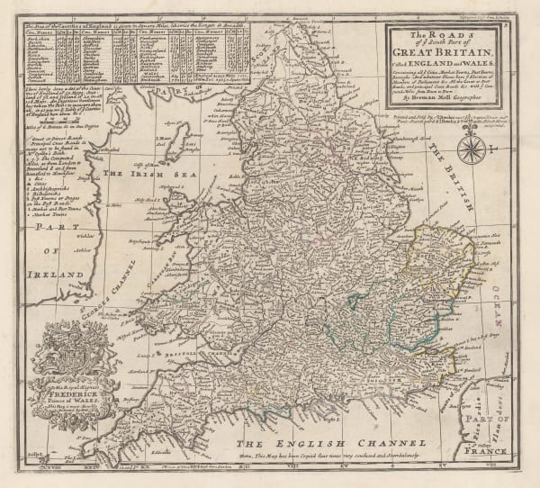 Herman Moll, The Roads of ye South Part of Great Britain, called England and Wales ..., 1755 c.