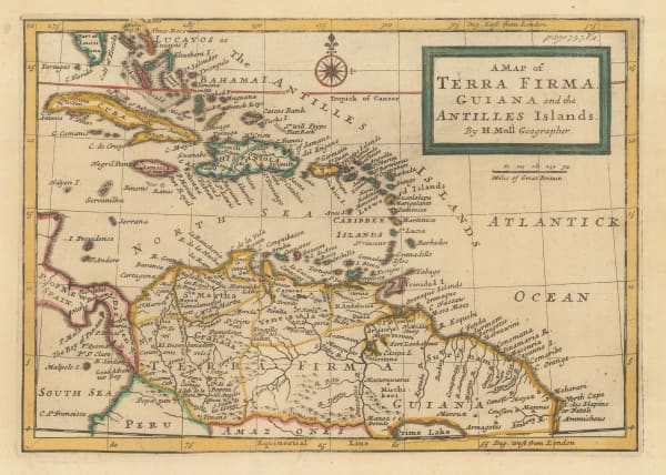 Herman Moll, A Map of Terra Firma Guiana and the Antilles Islands, 1745