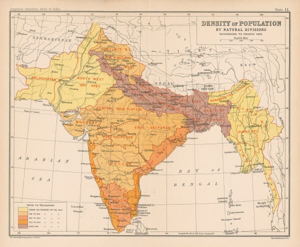 J.G. Bartholomew, India - Density of Population, 1909