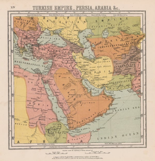 John Bartholomew & Son, Turkish Empire in Persia and Arabia, 1865 c.