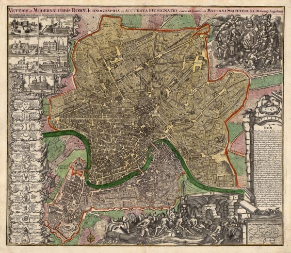 Matthaus Seutter, Decorative map of Rome, 1740 c.