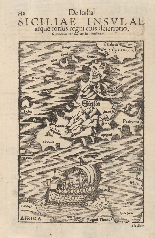 Sebastian Münster, Early map of Sicily, 1558