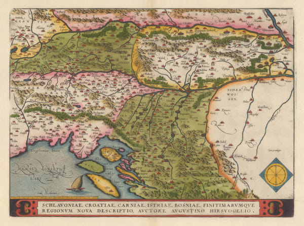Abraham Ortelius, Schlavoniae, Croatiae, Carniae, Istriae, Bosniae, Finitimarvmqve Regionvm Nova Descriptio, Avctore Avgvstino Hirsvogelio, 1590 c.